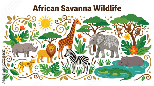 Bild auf Leinwand African savanna wildlife collection with jungle animals.
