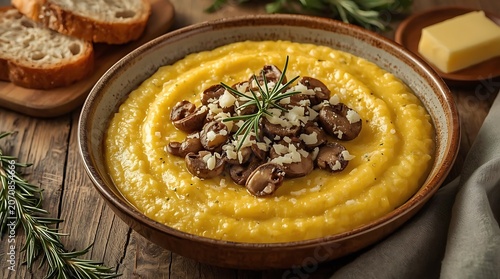 Creamy Porcini Mushroom Polenta with Grated Cheese and Fresh Rosemary on Rustic Table