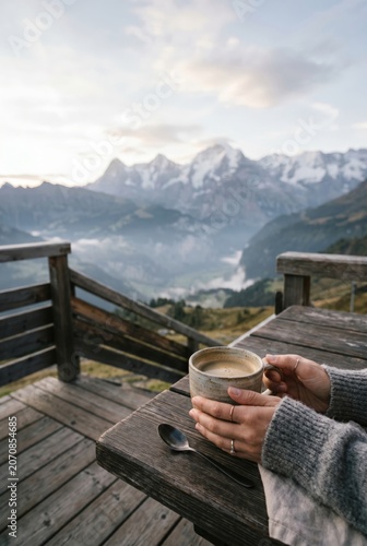 Warm Drink Enjoyed on a Mountain Terrace With a View of Snow Capped Peaks and...
