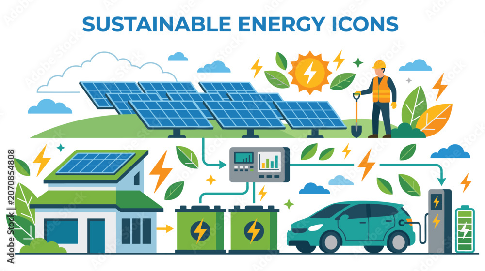 Fototapeta premium Sustainable energy icons with solar panels and houses.