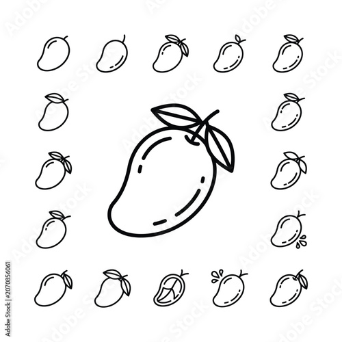 Mango Icon Set: Hand-Drawn Outline Illustrations of Tropical Fruit
