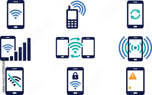 Φωτογραφία Mobile Wireless Connectivity and Smartphone Network Icon Set with WiFi Signals,