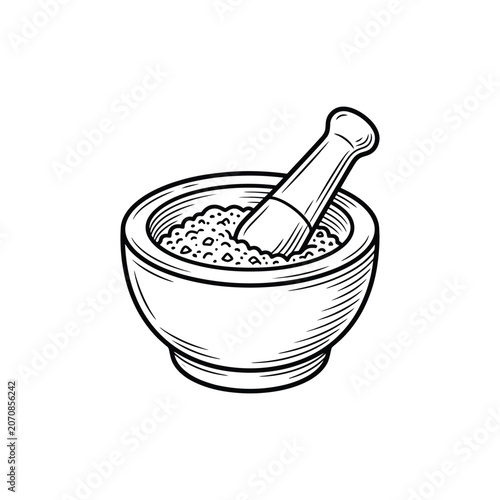 Mortar and Pestle with Spices - Vector Illustration
