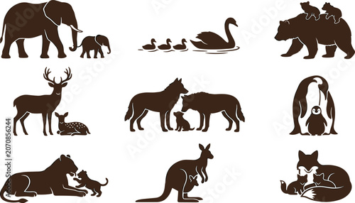 Tableau sur toile Animal Family Silhouette Collection Featuring Elephant Deer Wolf Penguin Kangaro