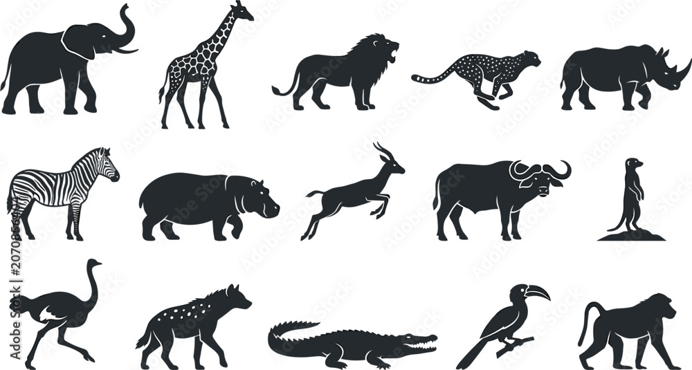 Obraz premium African Safari Animal Silhouette Set with Elephant, Giraffe, Lion, Zebra, Rhinoceros, and Wildlife Vector Collection