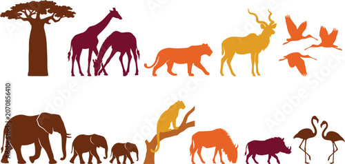 Photography African Safari Wildlife Silhouette Set with Elephant Family, Giraffe, Antelope,