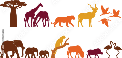 Obraz African Safari Wildlife Silhouette Set with Elephant Family, Giraffe, Antelope, Flamingo, and Savanna Animal Vector Collection
