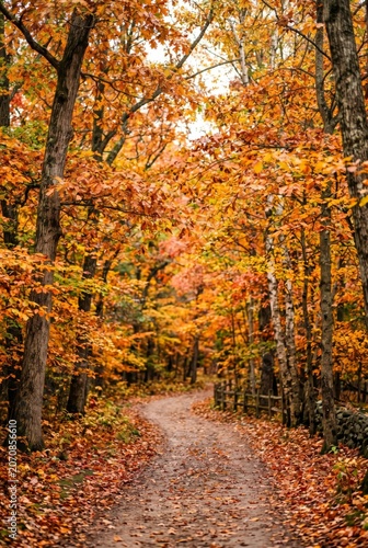 Walking Path Through Trees With Orange Leaves in Autumn