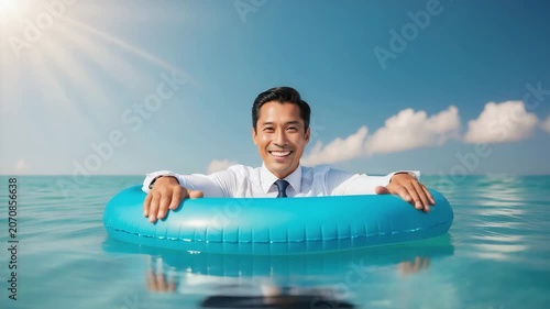 Man in a suit floating in water with a smile on a sunny day by the ocean