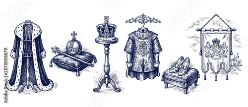 Schilderij op canvas Royal coronation regalia medieval king accessories line art set including crown, scepter, orb, robe, and banner