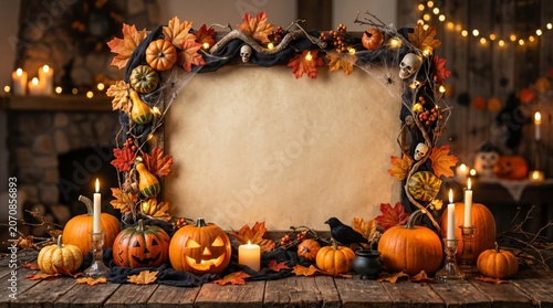 Halloween Decoration With Pumpkins and Candles on a Wooden Table in a Cozy In...