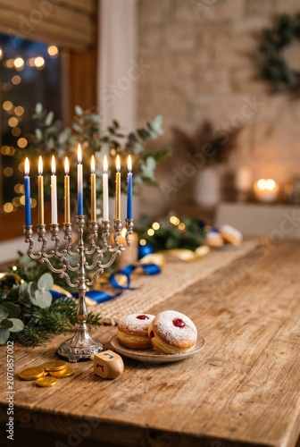 Celebration Event With Menorah, Donuts, and Decorations at Night in a Cozy Se...