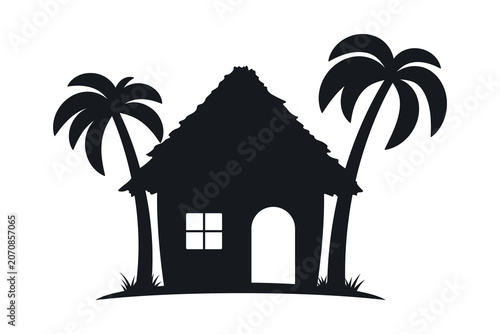 Bungalow and palm trees icon. Black and blue silhouette. Front view. Vector simple flat graphic illustration. Isolated on white background.