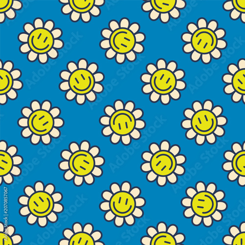Small cute yellow smiling flowers isolated on a blue background. Floral seamless pattern. Simple flat vector graphic illustration. Texture.