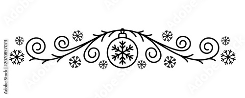 Christmas ball and snowflakes. Black outline line silhouette. Editable strokes. Horizontal front and side views. Vector simple flat graphic illustration. Isolated object on a white background.