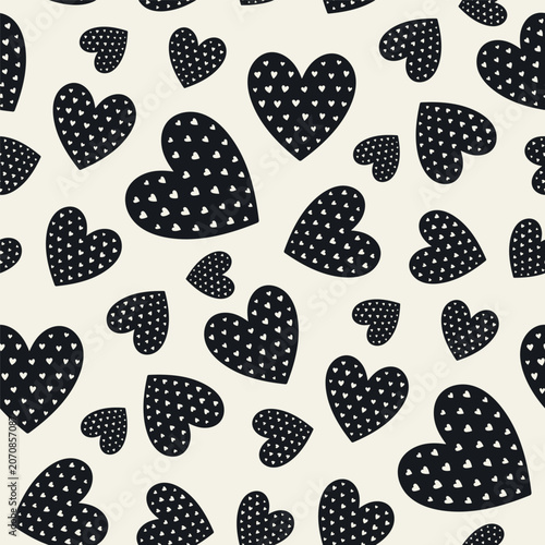 Small black and blue hearts isolated on a white background. Seamless pattern. Simple flat vector graphic illustration. Texture.