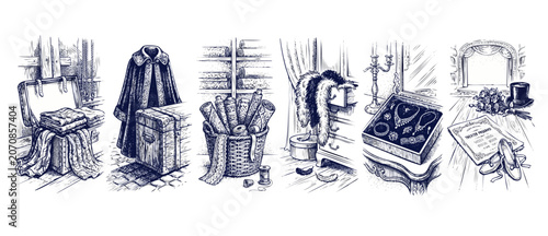 Foto Theater wardrobe sketch illustration set featuring vintage costumes, backstage dressing room elements, sewing fabrics, jewelry props, and ballet slippers in hand-drawn retro engraving line art styles