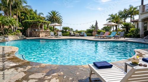 Sunny Afternoon by the Poolside With Lounge Chairs and Palm Trees in a Garden...