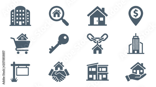 Collection of real estate icons depicting houses, buildings, and services, ideal for property listings and agency websites
