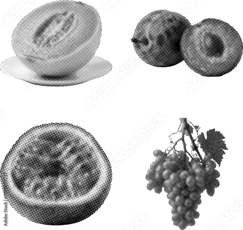 Halftone illustration of various foods including donuts and grapes on white