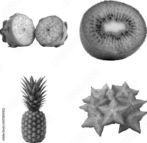 Halftone illustrations of fruits including kiwi pineapple and starfruit