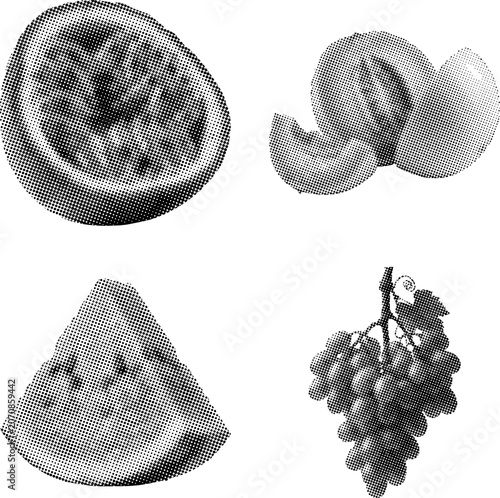 Halftone illustrations of various cheese types and grapes  food and drink items