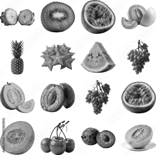 Variety of fruits including pineapple kiwi watermelon grapes and more on white background