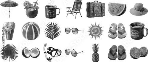 Black and white illustrations of summer vacation objects and tropical fruits