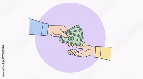 Close-up of hands exchanging dollar banknotes and gold coins, Hand giving cash and coins to another hand flat vector illustration, Conceptual line art of money transaction, payment, or salary transfer
