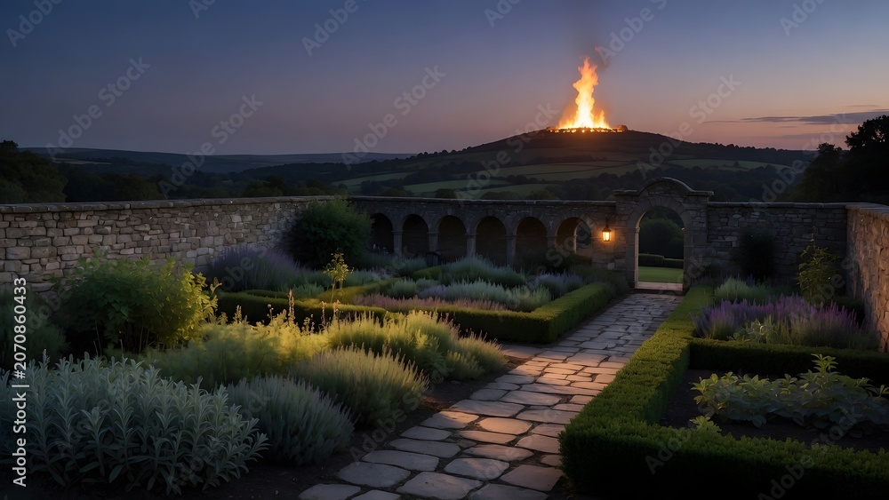 Obraz premium The Easter Fire event on the Hill of Slane interpreted as a guiding presence beyond enclosed reflection, a quiet cloister garden with herbs, stone paths, and an open view toward the sacred flame on th