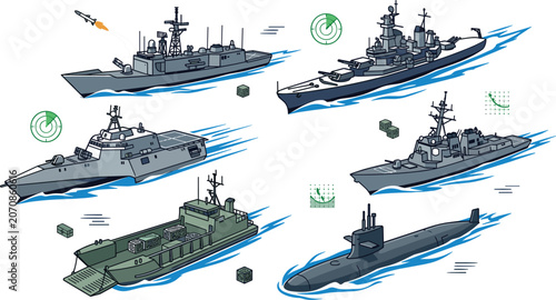 Foto Modern Naval Fleet Vector Set with Battleship Submarine Destroyer Littoral Comba