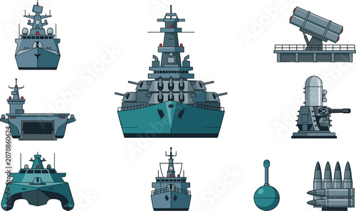 Military Navy Warship Elements Set Featuring Battleship Front View Aircraft Carrier Missile Launcher Turret Torpedo and Sea Mine Vector Illustration
