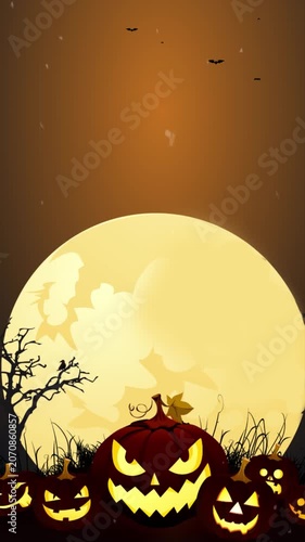 Halloween Full Moon Background with Jack O Lantern and Bats Vertical Template