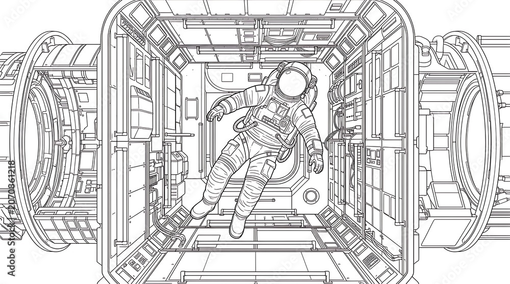 Obraz premium Astronaut Floating in Space Station Interior Line Art Coloring Page