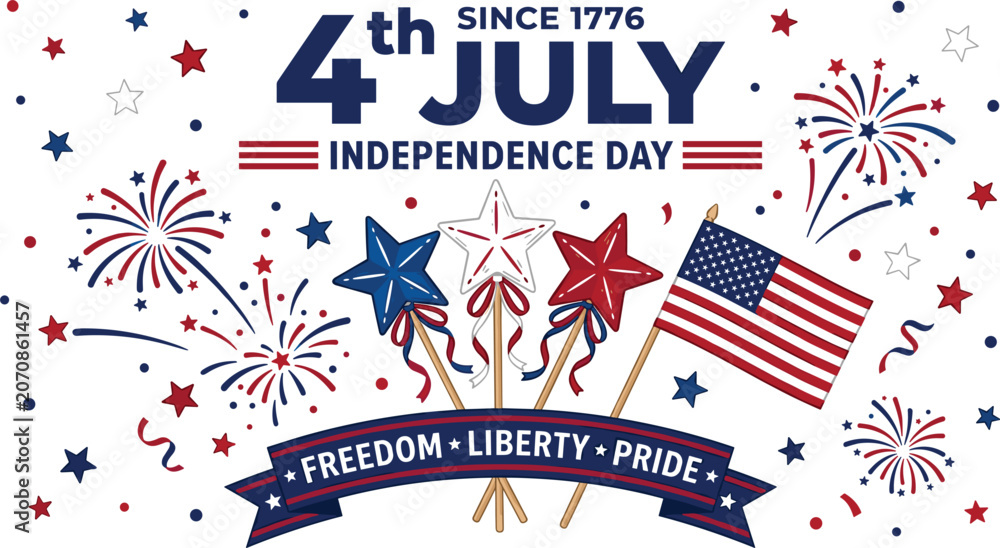 Obraz premium Patriotic Fourth of July Independence Day Celebration Banner with American Flag Fireworks Stars and Freedom Ribbon