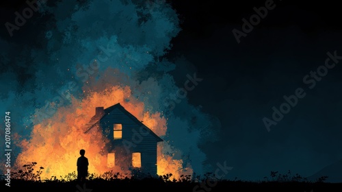 A person watches as a house burns down at night in a dramatic scene.