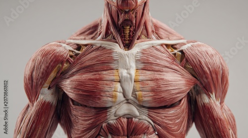 A muscular man displays his anatomy with visible muscles and tendons.