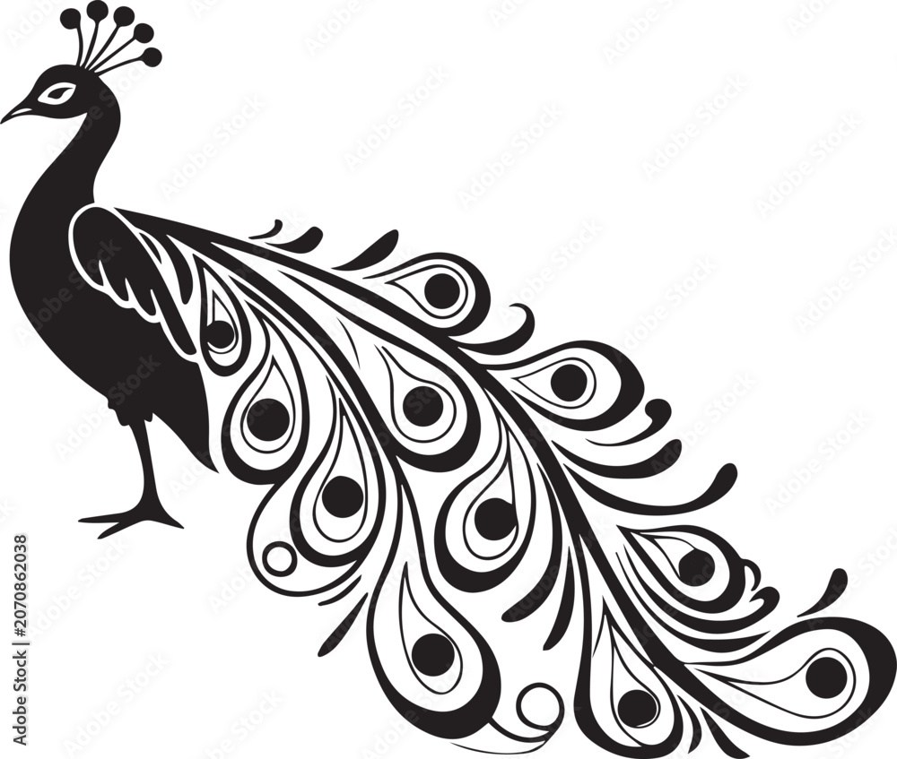 Fototapeta premium Black peacock silhouette isolated on white background with detailed feathers