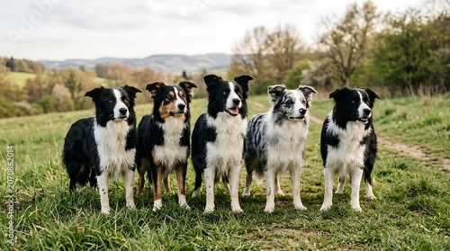 Five border collie dogs standing in a row in a green field