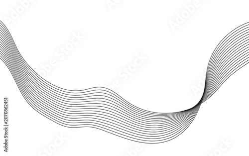 Minimalist black wave lines on white background. Abstract flowing curved stripe pattern vector. Elegant linear motion graphic for corporate branding, web header, and modern print design.