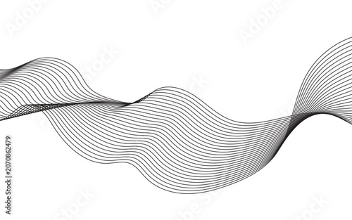 Minimalist black wave lines on white background, abstract flowing ribbon vector illustration, elegant curved line art for modern corporate branding and digital graphic design