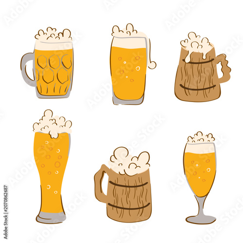 Beer Glasses and Wooden Mug Collection. Hand Drawn Oktoberfest Beverage Set for Brewery Branding, Festival Posters and Bar Menus