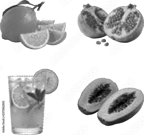 Halftone illustrations of fruits and a refreshing drink with slices