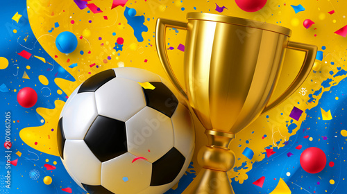 Vibrant football championship celebration graphic featuring a golden trophy and festive abstract elements, energetic frame design for sports victory announcements, with copy space