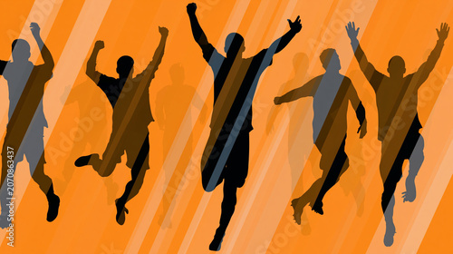 Soccer player silhouettes in dynamic victory poses, clean sports celebration icon design, football action graphic concept art, athletic celebration vector set, with copy space