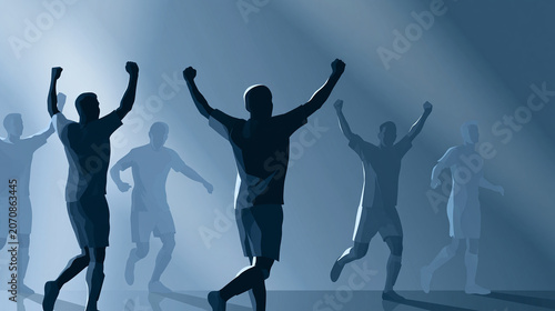 Soccer player silhouettes in dynamic victory poses, clean sports celebration icon design, football action graphic concept art, athletic celebration vector set, with copy space