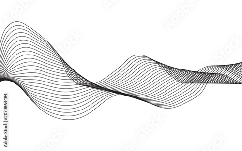 Minimalist abstract wave vector with flowing black lines. Dynamic curved ribbon pattern on white background. Modern geometric line art for corporate branding and digital technology design.