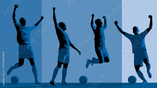 Soccer player celebrating a goal in dynamic silhouette poses, athlete cheering victory or winning match vector set, sports celebration graphic design, with copy space