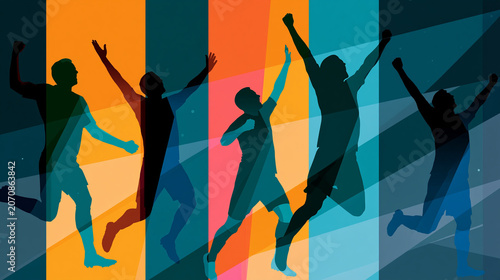 Soccer player celebrating a goal in dynamic silhouette poses, athlete cheering victory or winning match vector set, sports celebration graphic design, with copy space