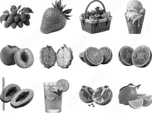 Black and white illustrations of various fruits and a basket  fruit collection